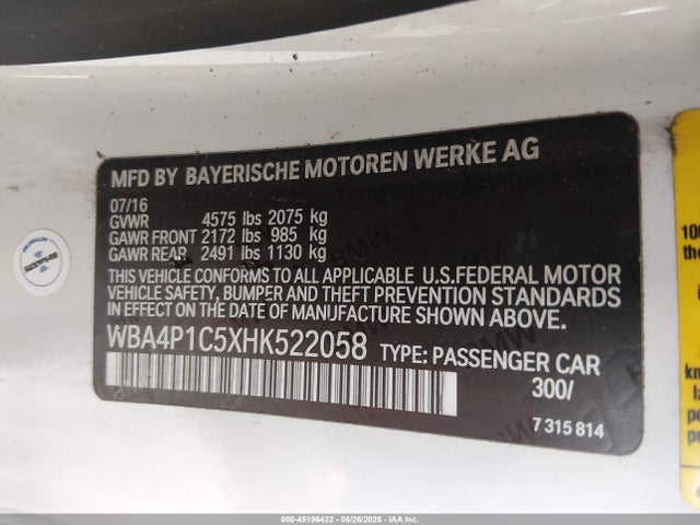 45196422 :رقم المزاد ، WBA4P1C5XHK522058 vin ، 2017 Bmw 440i مزاد بيع