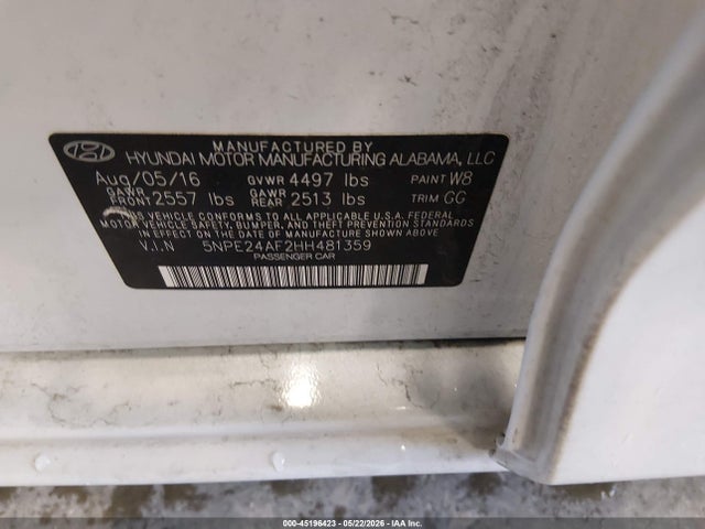 45196423 :رقم المزاد ، 5NPE24AF2HH481359 vin ، 2017 Hyundai Sonata Se مزاد بيع