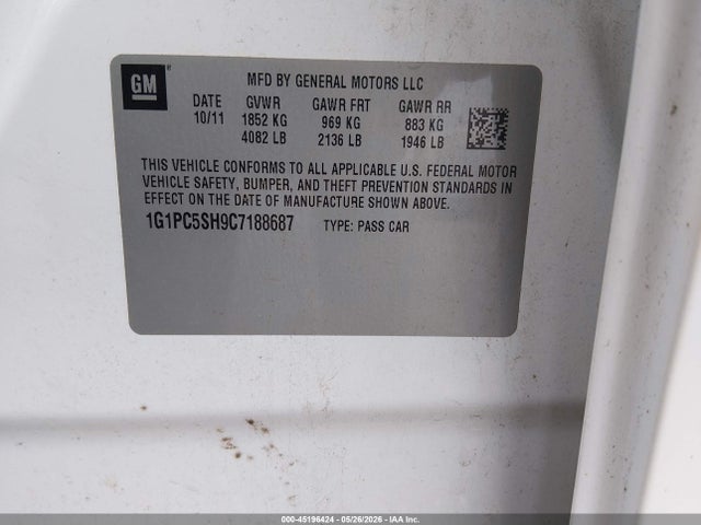 2012 Chevrolet Cruze Ls მანქანა იყიდება აუქციონზე, vin: 1G1PC5SH9C7188687, აუქციონის ნომერი: 45196424