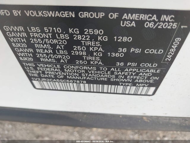Продаж на аукціоні авто 2025 Volkswagen Atlas 2.0t Se W/technology, vin: 1V2JR2CA5SC567878, номер лоту: 45196442
