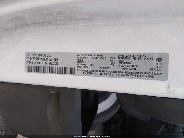 Aukcja sprzedaży 2021 Ram Promaster 3500 Cargo Van High Roof 159 Wb Ext, vin: 3C6MRVJG0ME531266, numer aukcji: 45196456