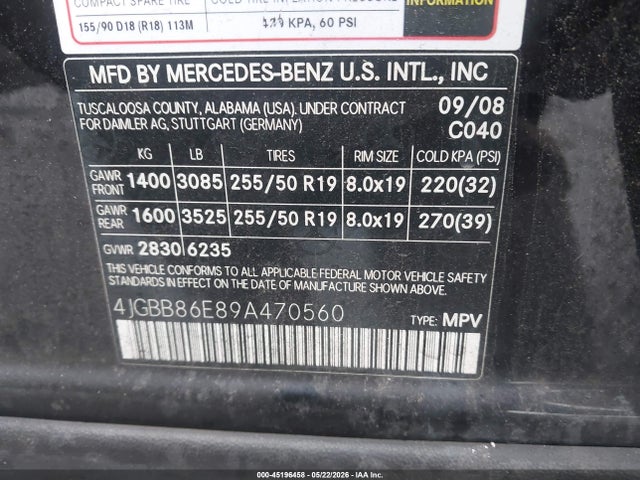 Продаж на аукціоні авто 2009 Mercedes-benz Ml 350 4matic, vin: 4JGBB86E89A470560, номер лоту: 45196458