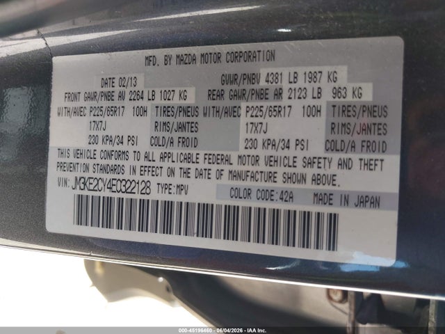 Продажа на аукционе авто 2014 Mazda Cx-5 Touring, vin: JM3KE2CY4E0322128, номер лота: 45196460