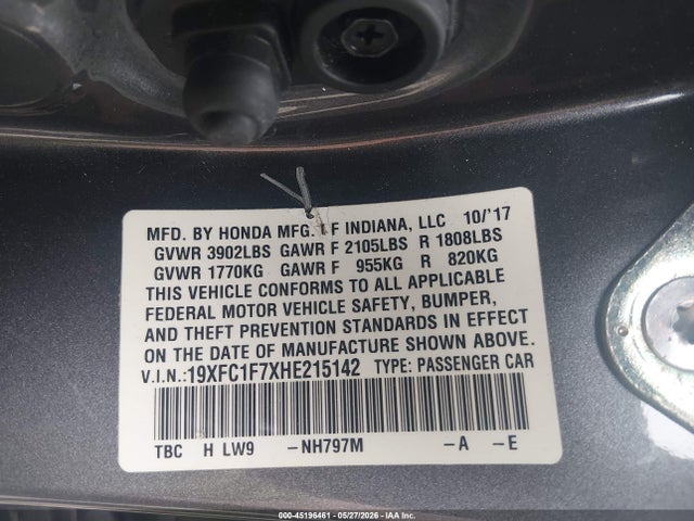 2017 Honda Civic Ex-l მანქანა იყიდება აუქციონზე, vin: 19XFC1F7XHE215142, აუქციონის ნომერი: 45196461