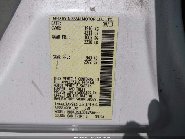 45196472 :رقم المزاد ، 1N4AL3AP9EC131934 vin ، 2014 Nissan Altima 2.5 S مزاد بيع