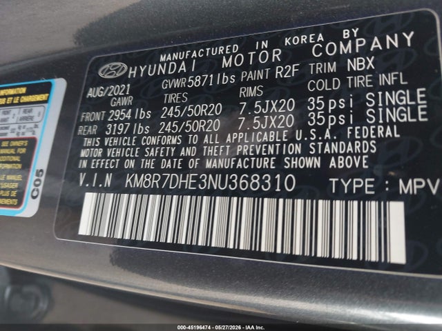 Aukcja sprzedaży 2022 Hyundai Palisade Calligraphy, vin: KM8R7DHE3NU368310, numer aukcji: 45196474
