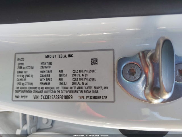 5YJ3E1EA3SF010029 Tesla Model 3 Long Range Rear-wheel Drive/standard Rear-wheel Drive