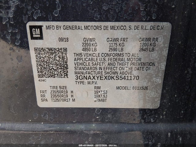 45196485 :رقم المزاد ، 3GNAXYEX0KS541170 vin ، 2019 Chevrolet Equinox Premier مزاد بيع
