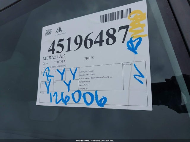 Продаж на аукціоні авто 2016 Toyota Prius Two, vin: JTDKBRFU3G3000892, номер лоту: 45196487