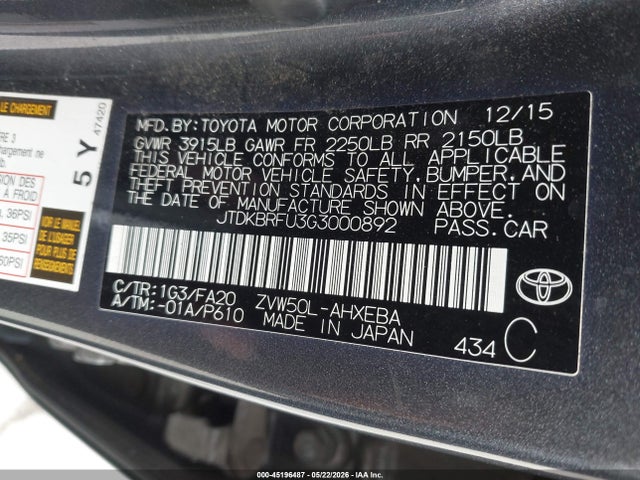 Продаж на аукціоні авто 2016 Toyota Prius Two, vin: JTDKBRFU3G3000892, номер лоту: 45196487