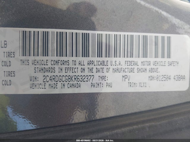 Aukcja sprzedaży 2019 Dodge Grand Caravan Sxt, vin: 2C4RDGCG8KR632377, numer aukcji: 45196492