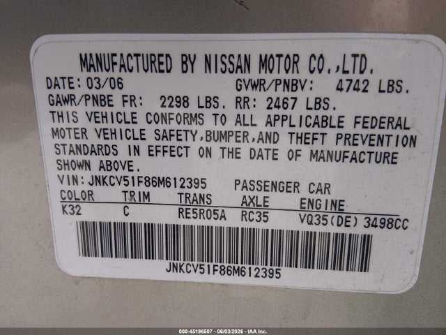 Продаж на аукціоні авто 2006 Infiniti G35x, vin: JNKCV51F86M612395, номер лоту: 45196507