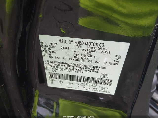 Продажа на аукционе авто 2009 Ford Escape Xlt, vin: 1FMCU03729KC66112, номер лота: 45196514