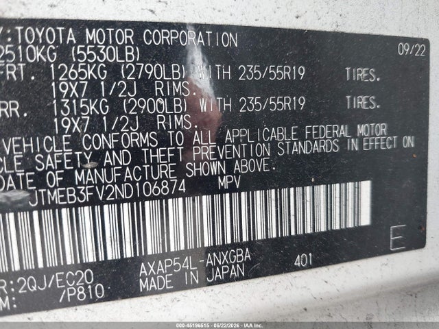 Продаж на аукціоні авто 2022 Toyota Rav4 Prime Xse, vin: JTMEB3FV2ND106874, номер лоту: 45196515