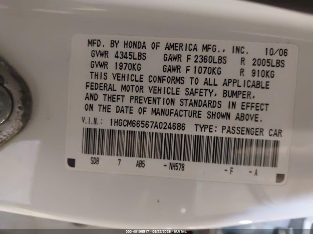 Продаж на аукціоні авто 2007 Honda Accord 3.0 Ex, vin: 1HGCM66567A024686, номер лоту: 45196517