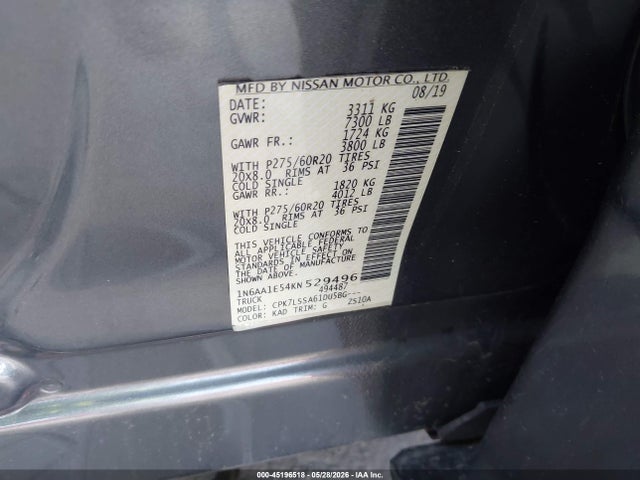 2019 Nissan Titan Sv მანქანა იყიდება აუქციონზე, vin: 1N6AA1E54KN529496, აუქციონის ნომერი: 45196518