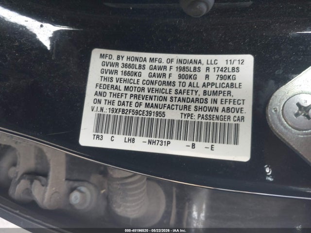 Aukcja sprzedaży 2012 Honda Civic Lx, vin: 19XFB2F59CE391955, numer aukcji: 45196520