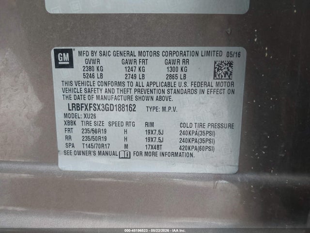 45196523 :رقم المزاد ، LRBFXFSX3GD188162 vin ، 2016 Buick Envision Premium Ii مزاد بيع
