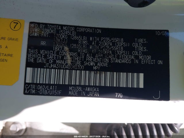 45196526 :رقم المزاد ، JTJHA31U040048300 vin ، 2004 Lexus Rx 330 مزاد بيع
