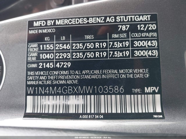 Aukcja sprzedaży 2021 Mercedes-benz Glb 250, vin: W1N4M4GBXMW103586, numer aukcji: 45196530