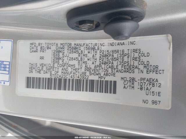 45196548 :رقم المزاد ، 5TDZA23C14S143922 vin ، 2004 Toyota Sienna Le مزاد بيع