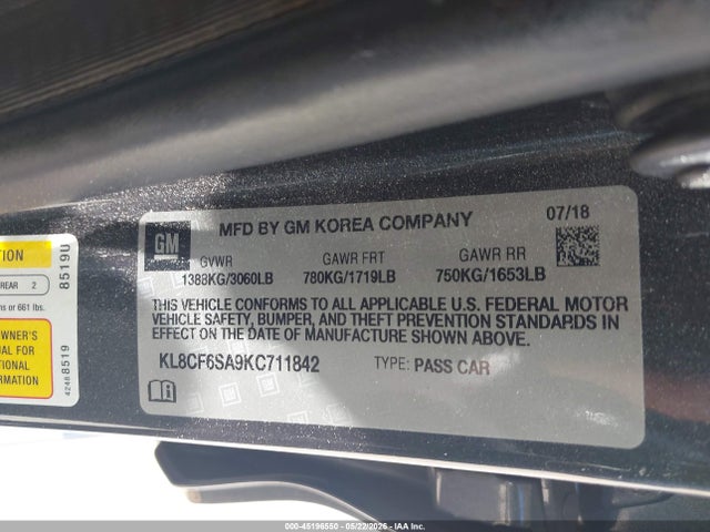 45196550 :رقم المزاد ، KL8CF6SA9KC711842 vin ، 2019 Chevrolet Spark 2lt Cvt مزاد بيع