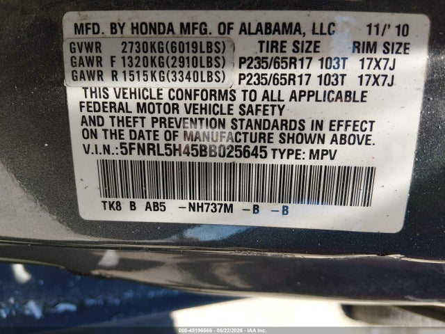 Продажа на аукционе авто 2011 Honda Odyssey Ex, vin: 5FNRL5H45BB025645, номер лота: 45196566