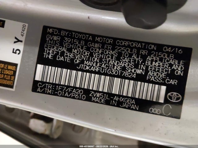 Aukcja sprzedaży 2016 Toyota Prius Three, vin: JTDKARFU1G3017824, numer aukcji: 45196567