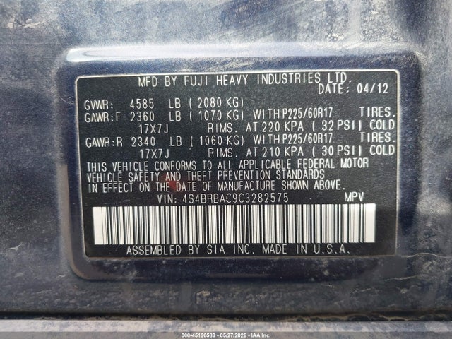 Продажа на аукционе авто 2012 Subaru Outback 2.5i, vin: 4S4BRBAC9C3282575, номер лота: 45196589