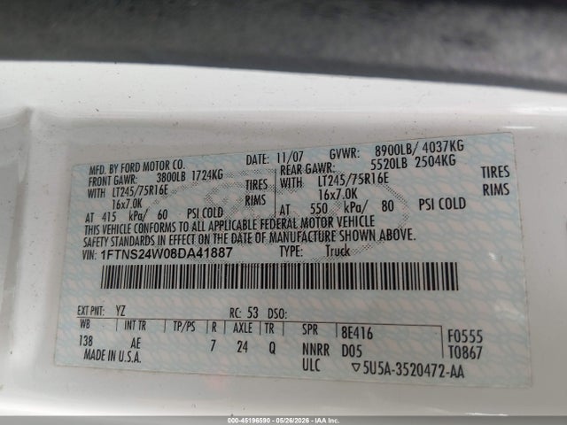 Продаж на аукціоні авто 2008 Ford E-250 Commercial/recreational, vin: 1FTNS24W08DA41887, номер лоту: 45196590