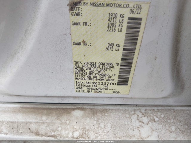 45196592 :رقم المزاد ، 1N4AL3AP7DC115200 vin ، 2013 Nissan Altima 2.5 S مزاد بيع