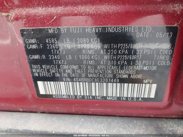 45196638 :رقم المزاد ، 4S4BRBDC8E3201449 vin ، 2014 Subaru Outback 2.5i Premium مزاد بيع