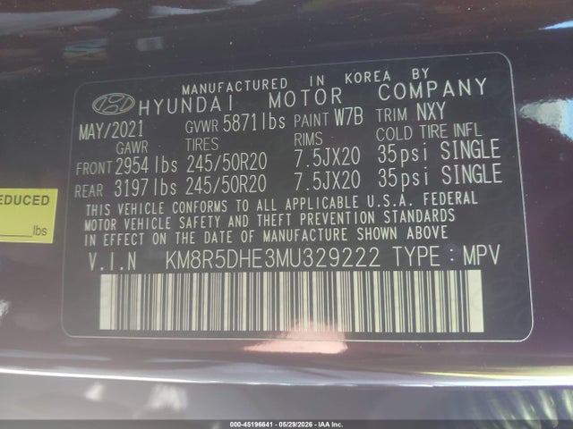 Aukcja sprzedaży 2021 Hyundai Palisade Limited, vin: KM8R5DHE3MU329222, numer aukcji: 45196641
