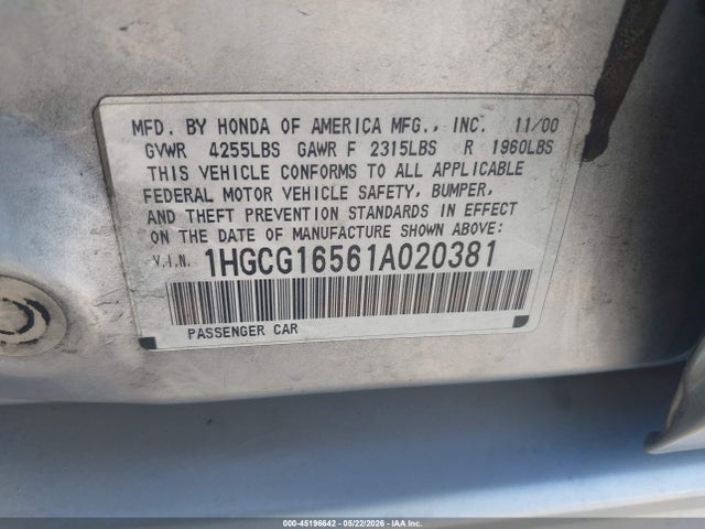 45196642 :رقم المزاد ، 1HGCG16561A020381 vin ، 2001 Honda Accord 3.0 Ex مزاد بيع