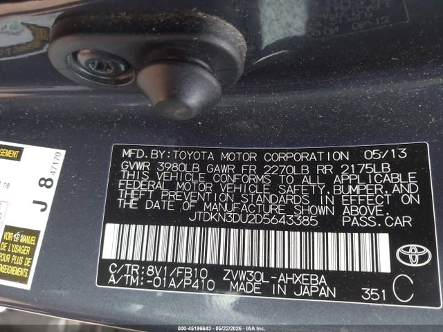 Aukcja sprzedaży 2013 Toyota Prius Three, vin: JTDKN3DU2D5643385, numer aukcji: 45196643