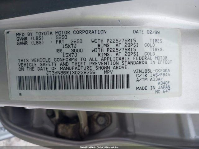 45196660 :رقم المزاد ، JT3HN86R1X0228256 vin ، 1999 Toyota 4runner Sr5 V6 مزاد بيع