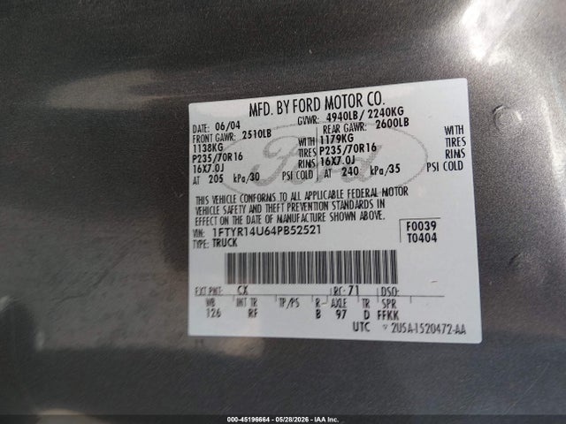 Продажа на аукционе авто 2004 Ford Ranger Edge/tremor/xl/xlt, vin: 1FTYR14U64PB52521, номер лота: 45196664