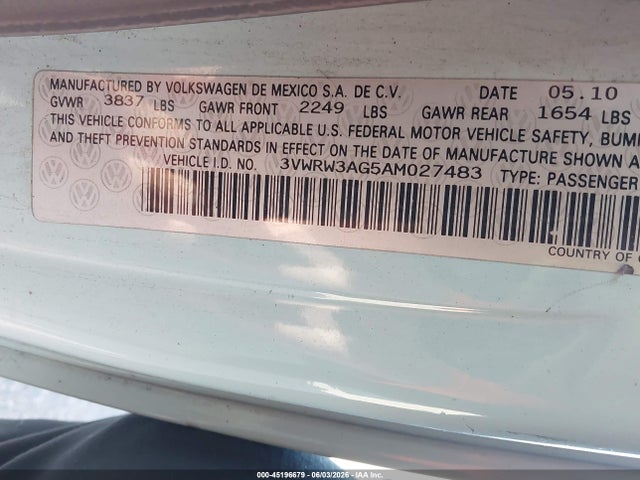 Продажа на аукционе авто 2010 Volkswagen New Beetle 2.5l Final Edition, vin: 3VWRW3AG5AM027483, номер лота: 45196679