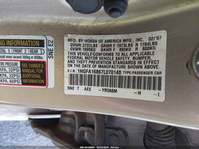 2007 Honda Civic Ex მანქანა იყიდება აუქციონზე, vin: 1HGFA16867L070140, აუქციონის ნომერი: 45196691