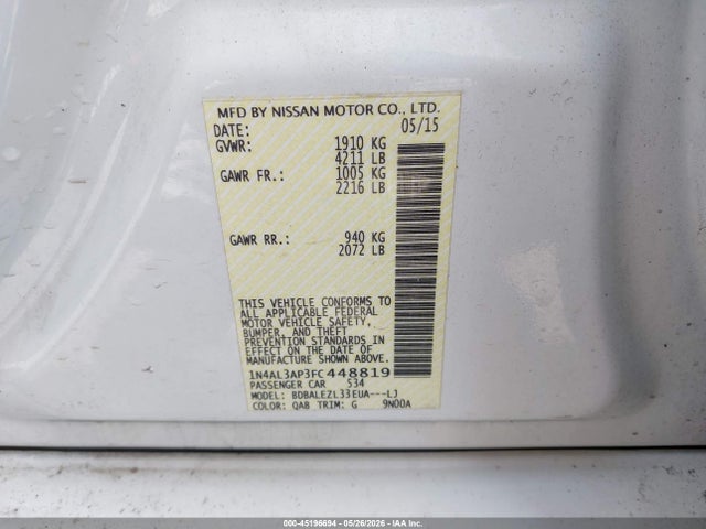 Nissan Altima 2.5 S 2015 1N4AL3AP3FC448819 Image 9