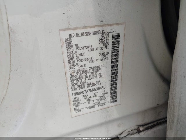Продажа на аукционе авто 2005 Nissan Titan Le, vin: 1N6BA07A75N536486, номер лота: 45196705