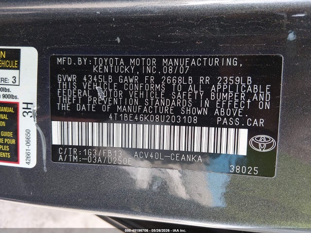 Продажа на аукционе авто 2008 Toyota Camry Le, vin: 4T1BE46K08U203108, номер лота: 45196706