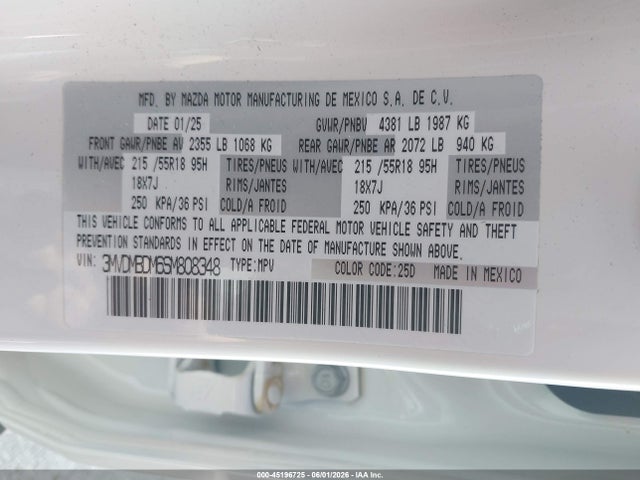 45196725 :رقم المزاد ، 3MVDMBDM6SM808348 vin ، 2025 Mazda Cx-30 2.5 S Premium Package مزاد بيع