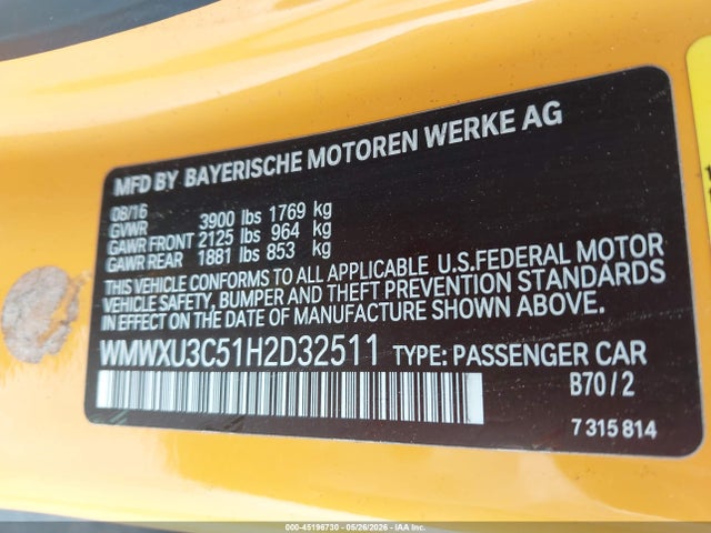 Продаж на аукціоні авто 2017 Mini Hardtop Cooper S, vin: WMWXU3C51H2D32511, номер лоту: 45196730