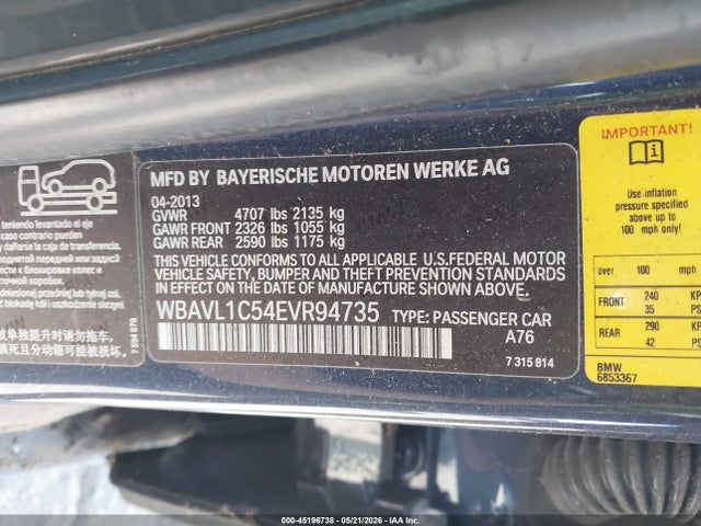 2014 Bmw X1 Xdrive28i მანქანა იყიდება აუქციონზე, vin: WBAVL1C54EVR94735, აუქციონის ნომერი: 45196738