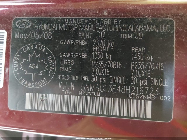 Продажа на аукционе авто 2008 Hyundai Santa Fe Gl/gls, vin: 5NMSG13E48H216723, номер лота: 45196744