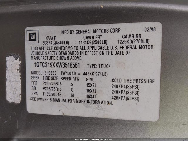 1998 Gmc Sonoma Sls მანქანა იყიდება აუქციონზე, vin: 1GTCS19XXW8518561, აუქციონის ნომერი: 45196753