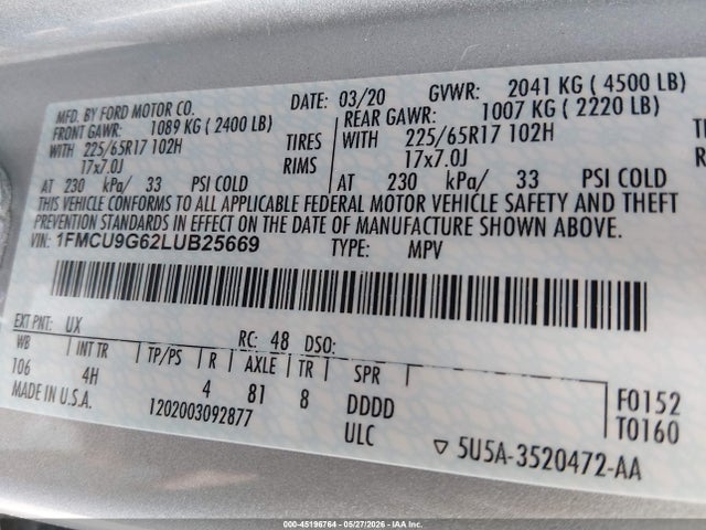 1FMCU9G62LUB25669 Ford ESCAPE SE