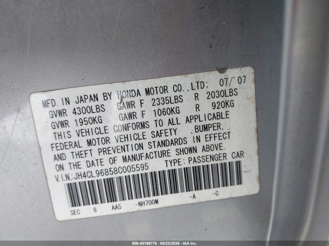 Продажа на аукционе авто 2008 Acura Tsx, vin: JH4CL96858C005595, номер лота: 45196776