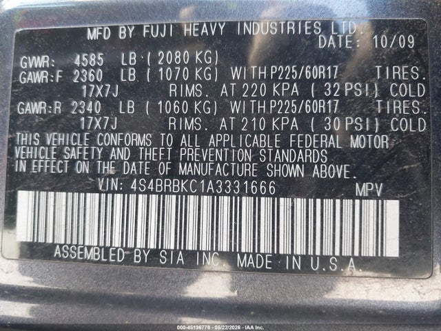 2010 Subaru Outback 2.5i Limited მანქანა იყიდება აუქციონზე, vin: 4S4BRBKC1A3331666, აუქციონის ნომერი: 45196778
